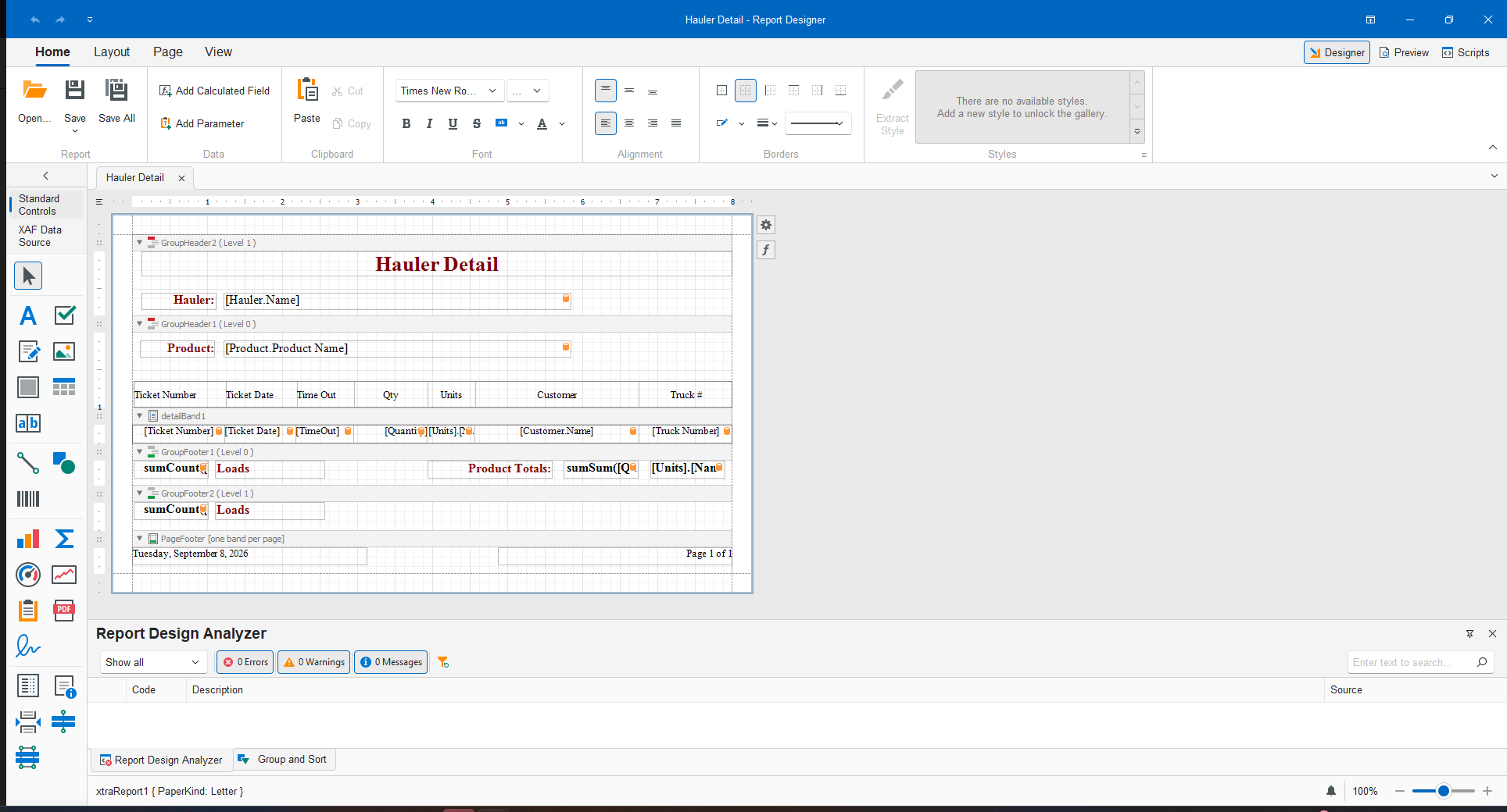 ScaleSoft report designer screen