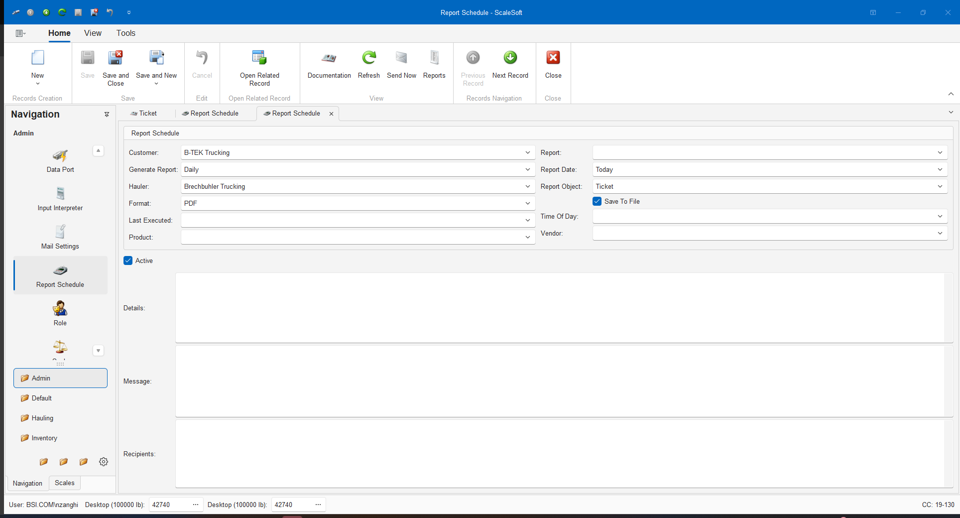 ScaleSoft report scheduler screen