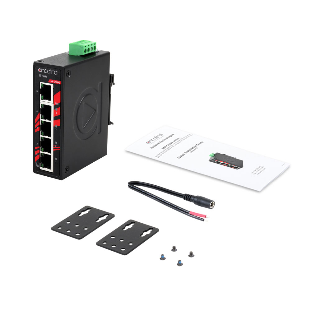 Din Rail Mount POE+ Switch and Power Supply Kit - Power 4 Devices pkg