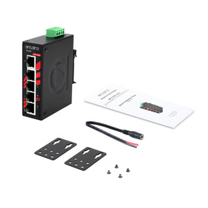Din Rail Mount POE+ Switch and Power Supply Kit - Power 4 Devices pkg